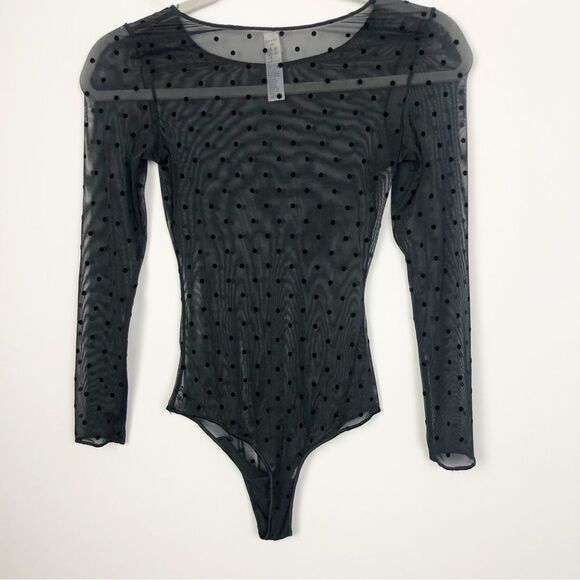 SPANX | Black Sheer Dot Print Long Sleeve Cheeky Bodysuit Women’s Size Small - Picture 9 of 9